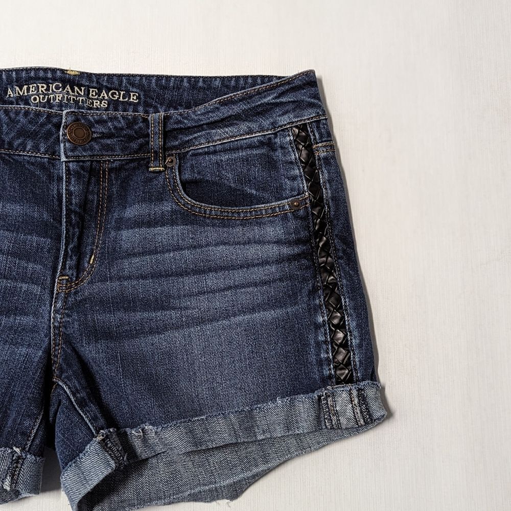 American Eagle Grunge Leather Size 12 Cuffed Stretch Denim Jean Shorts